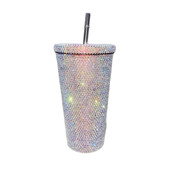 Sparkling White AB Rhinestone Tumbler with Stainless Steel Straw - Picture 2 of 6